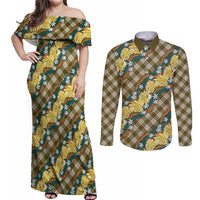 Polynesian Monstera Tiare Floral Couples Matching Off Shoulder Maxi Dress and Long Sleeve Button Shirt Yellow Tropical Plaid - Polynesian Pride