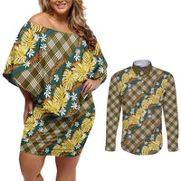 Polynesian Monstera Tiare Floral Couples Matching Off Shoulder Short Dress and Long Sleeve Button Shirt Yellow Tropical Plaid - Polynesian Pride