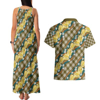Polynesian Monstera Tiare Floral Couples Matching Tank Maxi Dress and Hawaiian Shirt Yellow Tropical Plaid - Polynesian Pride