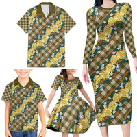 Polynesian Monstera Tiare Floral Family Matching Long Sleeve Bodycon Dress and Hawaiian Shirt Yellow Tropical Plaid - Polynesian Pride