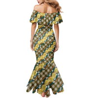 Polynesian Monstera Tiare Floral Family Matching Mermaid Dress and Hawaiian Shirt Yellow Tropical Plaid - Polynesian Pride