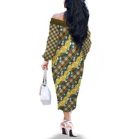 Polynesian Monstera Tiare Floral Family Matching Off The Shoulder Long Sleeve Dress and Hawaiian Shirt Yellow Tropical Plaid - Polynesian Pride