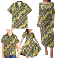 Polynesian Monstera Tiare Floral Family Matching Puletasi and Hawaiian Shirt Yellow Tropical Plaid - Polynesian Pride