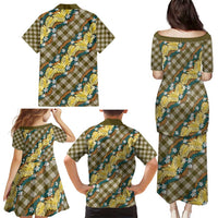 Polynesian Monstera Tiare Floral Family Matching Puletasi and Hawaiian Shirt Yellow Tropical Plaid - Polynesian Pride