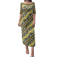 Polynesian Monstera Tiare Floral Family Matching Puletasi and Hawaiian Shirt Yellow Tropical Plaid - Polynesian Pride