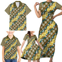 Polynesian Monstera Tiare Floral Family Matching Short Sleeve Bodycon Dress and Hawaiian Shirt Yellow Tropical Plaid - Polynesian Pride