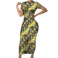 Polynesian Monstera Tiare Floral Family Matching Short Sleeve Bodycon Dress and Hawaiian Shirt Yellow Tropical Plaid - Polynesian Pride