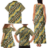 Polynesian Monstera Tiare Floral Family Matching Tank Maxi Dress and Hawaiian Shirt Yellow Tropical Plaid - Polynesian Pride