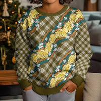 Polynesian Monstera Tiare Floral Kid Ugly Christmas Sweater Yellow Tropical Plaid - Polynesian Pride