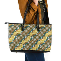 Polynesian Monstera Tiare Floral Leather Tote Bag Yellow Tropical Plaid - Polynesian Pride