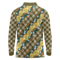 Polynesian Monstera Tiare Floral Long Sleeve Polo Shirt Yellow Tropical Plaid - Polynesian Pride