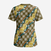 Polynesian Monstera Tiare Floral Scrub Top Yellow Tropical Plaid - Polynesian Pride