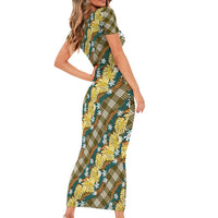 Polynesian Monstera Tiare Floral Short Sleeve Bodycon Dress Yellow Tropical Plaid - Polynesian Pride