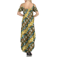 Polynesian Monstera Tiare Floral Summer Maxi Dress Yellow Tropical Plaid - Polynesian Pride