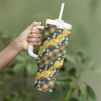 Polynesian Monstera Tiare Floral Tumbler With Handle Yellow Tropical Plaid - Polynesian Pride