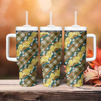 Polynesian Monstera Tiare Floral Tumbler With Handle Yellow Tropical Plaid - Polynesian Pride