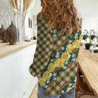 Polynesian Monstera Tiare Floral Women Casual Shirt Yellow Tropical Plaid LT01 - Polynesian Pride