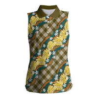 Polynesian Monstera Tiare Floral Women Sleeveless Polo Shirt Yellow Tropical Plaid - Polynesian Pride