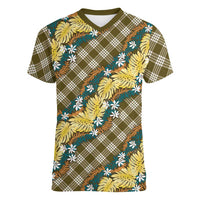 Polynesian Monstera Tiare Floral Women V-Neck T-Shirt Yellow Tropical Plaid - Polynesian Pride