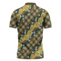 Polynesian Monstera Tiare Floral Zipper Polo Shirt Yellow Tropical Plaid - Polynesian Pride