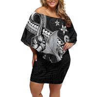 Hawaii Mermaid Monotone Family Matching Off Shoulder Short Dress and Hawaiian Shirt Polynesian Pattern Fish Hook LT01 Mom's Dress Black - Polynesian Pride