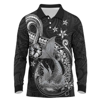 Hawaii Mermaid Monotone Long Sleeve Polo Shirt Polynesian Pattern Fish Hook