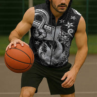 Hawaii Mermaid Monotone Sleeveless Zip Hoodie Polynesian Pattern Fish Hook