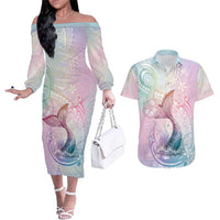 Hawaii Mermaid Sweet Pastel Couples Matching Off The Shoulder Long Sleeve Dress and Hawaiian Shirt Polynesian Pattern Fish Hook