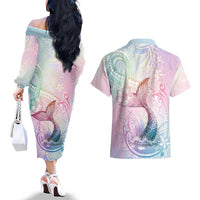 Hawaii Mermaid Sweet Pastel Couples Matching Off The Shoulder Long Sleeve Dress and Hawaiian Shirt Polynesian Pattern Fish Hook