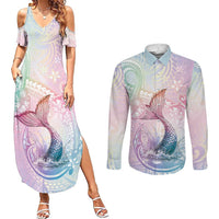 Hawaii Mermaid Sweet Pastel Couples Matching Summer Maxi Dress and Long Sleeve Button Shirt Polynesian Pattern Fish Hook