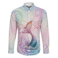 Hawaii Mermaid Sweet Pastel Family Matching Off The Shoulder Long Sleeve Dress and Hawaiian Shirt Polynesian Pattern Fish Hook LT01 Dad's Shirt - Long Sleeve Multicolor - Polynesian Pride