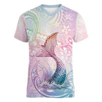 Hawaii Mermaid Sweet Pastel Women V-Neck T-Shirt Polynesian Pattern Fish Hook