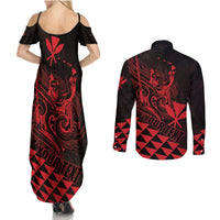 Personalized King Kamehameha Day Couples Matching Summer Maxi Dress and Long Sleeve Button Shirt Kakau Polynesian Pattern LT01 - Polynesian Pride