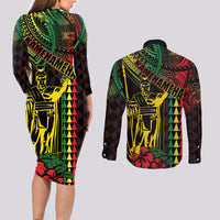 King Kamehameha Day Couples Matching Long Sleeve Bodycon Dress and Long Sleeve Button Shirt Hawaii Kakau Reggae