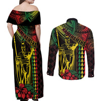 King Kamehameha Day Couples Matching Off Shoulder Maxi Dress and Long Sleeve Button Shirt Hawaii Kakau Reggae