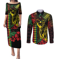 King Kamehameha Day Couples Matching Puletasi and Long Sleeve Button Shirt Hawaii Kakau Reggae LT01 Black - Polynesian Pride