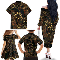 Indonesian Batik Pattern Vintage Brown Family Matching Off The Shoulder Long Sleeve Dress and Hawaiian Shirt