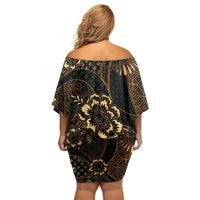 Indonesian Batik Pattern Vintage Brown Family Matching Off Shoulder Short Dress and Hawaiian Shirt
