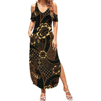 Indonesian Batik Pattern Vintage Brown Family Matching Summer Maxi Dress and Hawaiian Shirt