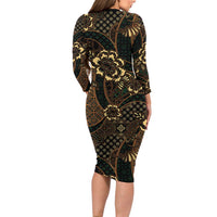 Indonesian Batik Pattern Vintage Brown Long Sleeve Bodycon Dress