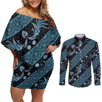 Indonesia Batik Pattern Couples Matching Off Shoulder Short Dress and Long Sleeve Button Shirt Blue Version