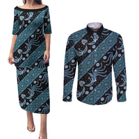 Indonesia Batik Pattern Couples Matching Puletasi and Long Sleeve Button Shirt Blue Version