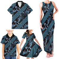 Indonesia Batik Pattern Family Matching Tank Maxi Dress and Hawaiian Shirt Blue Version
