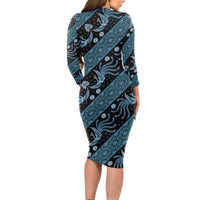 Indonesia Batik Pattern Long Sleeve Bodycon Dress Blue Version