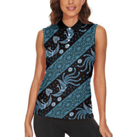 Indonesia Batik Pattern Women Sleeveless Polo Shirt Blue Version