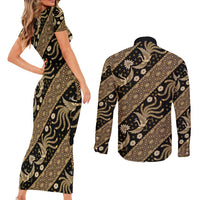 Indonesia Batik Pattern Couples Matching Short Sleeve Bodycon Dress and Long Sleeve Button Shirt Gold Version