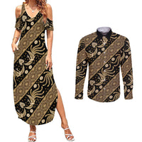 Indonesia Batik Pattern Couples Matching Summer Maxi Dress and Long Sleeve Button Shirt Gold Version