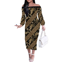 Indonesia Batik Pattern Family Matching Off The Shoulder Long Sleeve Dress and Hawaiian Shirt Gold Version