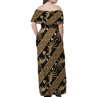 Indonesia Batik Pattern Family Matching Off Shoulder Maxi Dress and Hawaiian Shirt Gold Version