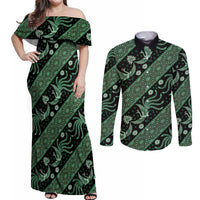 Indonesia Batik Pattern Couples Matching Off Shoulder Maxi Dress and Long Sleeve Button Shirt Green Version